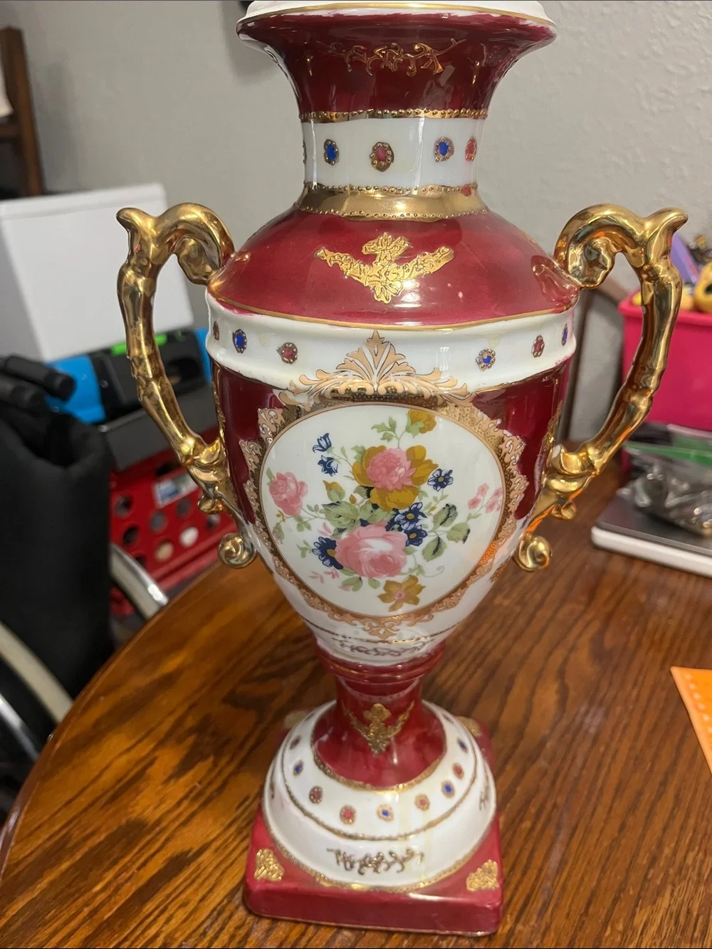 Vintage Red and Gold Porcelain Floral Vase - Picture 8 of 10